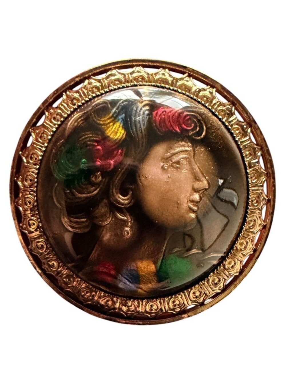Vintage 1950s Reverse Carved Lucite Renaissance Lady Brooch New Old Stock